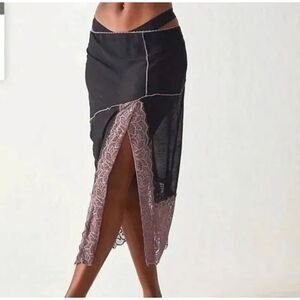 Free People Black and Pink Lace Midi Skirt